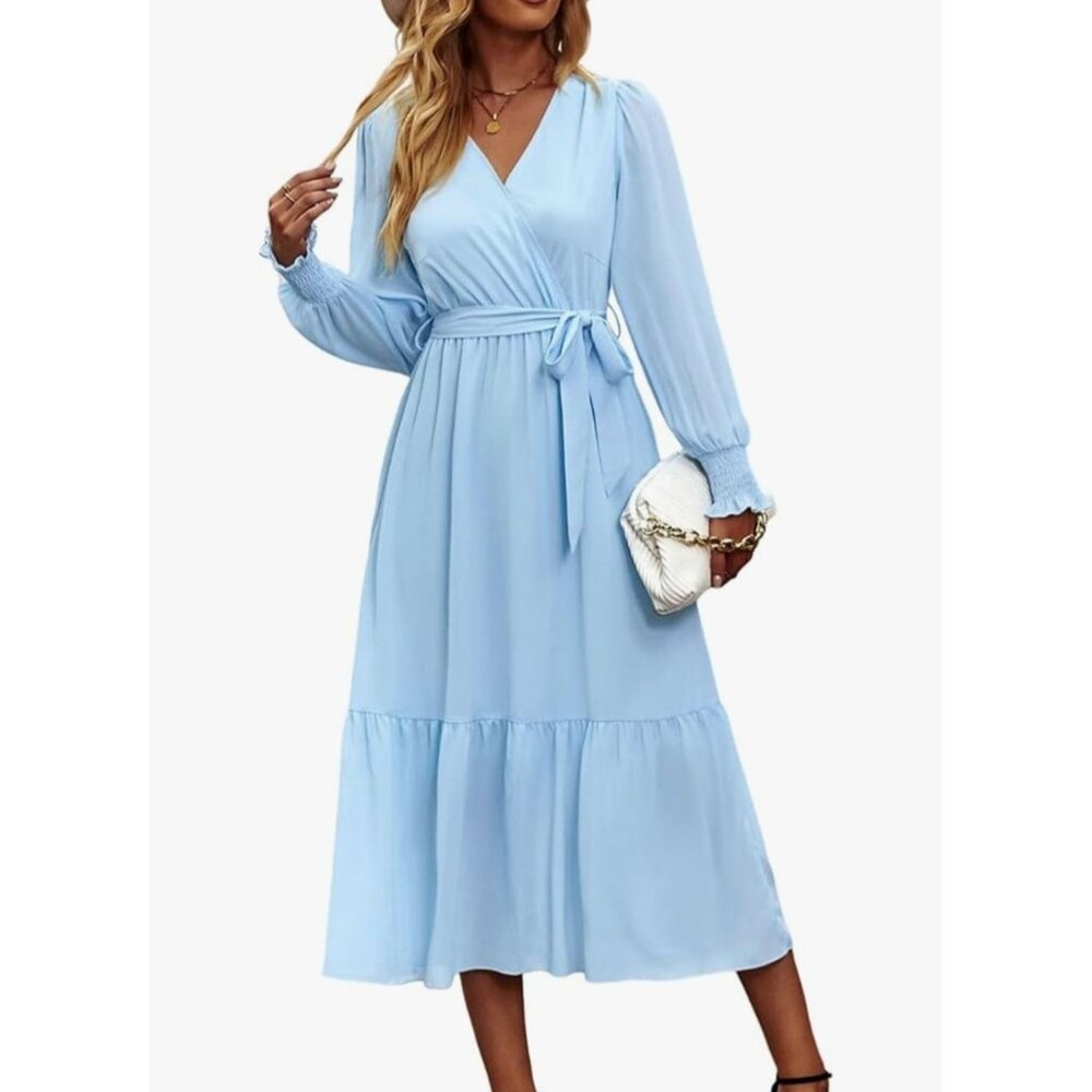 Womens Boho Small Light Blue Long Sleeve Midi Dress Elastic Waist Belt Wedding